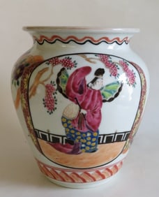 Antique Japanese Large Imari Jar, Figural Motif & Floral Decor Pottery 1900s