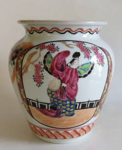 Antique Japanese Large Imari Jar, Figural Motif & Floral Decor Pottery 1900s: Large antique ceramic jar depicting figural motif with floral decorations, colorful Imari glazing, Japan, late 19th- mid 20th century. Heavy pottery, the jar is c.7" [17cm] tall, 4.3/4” [12cm]
