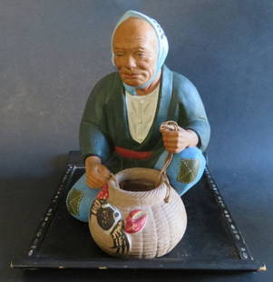 Lot, Hakata Urasaki Fisherman, Pottery & Kakuman Lacquer Tray 1940s Japan: Lot of two [2] vintage Japanese items: 1. Vintage Japanese fisherman with his crab-catcher basket and a crab, vintage hand painted pottery, "Great Good-Life" [Great Fortune or 'Great Luck'] is written