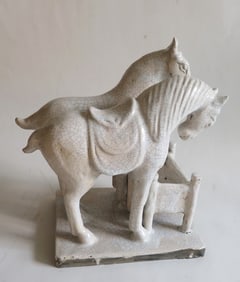 Antique Chinese Terra Cotta 2 Horses Sculpture on Feeding Station, Majolica Glaze