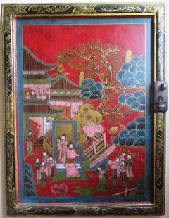 Set, 2 Antique Hand-Painted Chinese Wood Panels, Ming Dynasty Motif: Antique Set of two [2] Chinese hand-painted wooden cabinet doors. Both paintings show Ming dynasty official, his wife, concubines and children. Each panel is 14" x 19"; 3/4" thick [35.6cm x 48.2cm x 1