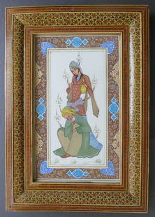 Antique Persian Miniature Painting, Rubaiyat Motif, Khatam Frame 1920s: Antique hand painted illustration to Rubaiyat of Omar Khayyam, classic Persian miniature painting on bone-like plate, signed by the artist in ornate Persian script in the middle edge of the artwork, p