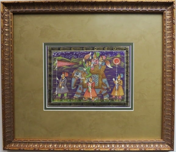Maharaja Procession, Original Miniature Rajput Painting on Silk, India, Framed (1 of 10)