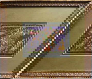 Maharaja Procession, Original Miniature Rajput Painting on Silk, India, Framed: "Maharaja Procession" original miniature hand painting on silk, Rajput school, India, framed in double mat and gilt glass frame. The artwork is c.8.1/2" x 6" [21.5cm x 15.5cm]; the gold plated frame i