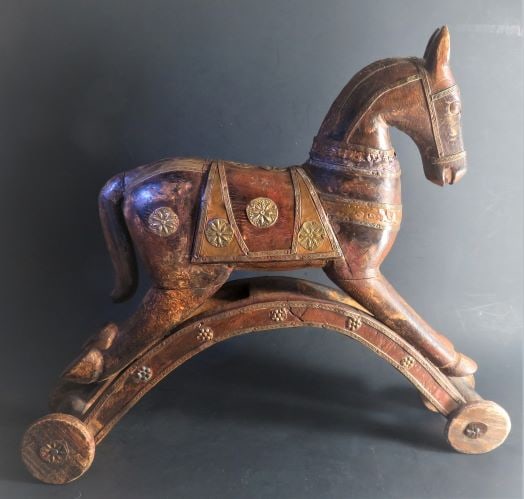 Antique Hand Carved Wooden Temple Toy Horse on Wheels, 1800s India (1 of 20)