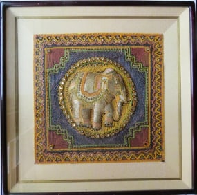 Sacred White Elephant, Burmese Kalaga Embroidered Tapestry, 1950s