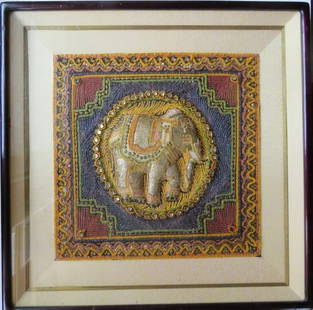 Sacred White Elephant, Burmese Kalaga Embroidered Tapestry, 1950s: "Sacred White Elephant", vintage Burmese Kalaga raised embroidered tapestry, beautifully detailed, decorated with beads and stones, c. 1950s. Framed in original deep glass frame. The artwork is c. 13.