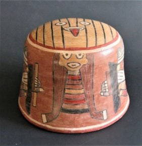Bowl, Native American Pre Columbian Nazca Art Pottery, Peru: Native hand-painted American Pre-Columbian Nazca Art Pottery, Peru. Hand-built polychrome bowl with an incredible painted motif and depicting symbolic head on the bottom of the bowl. According to the