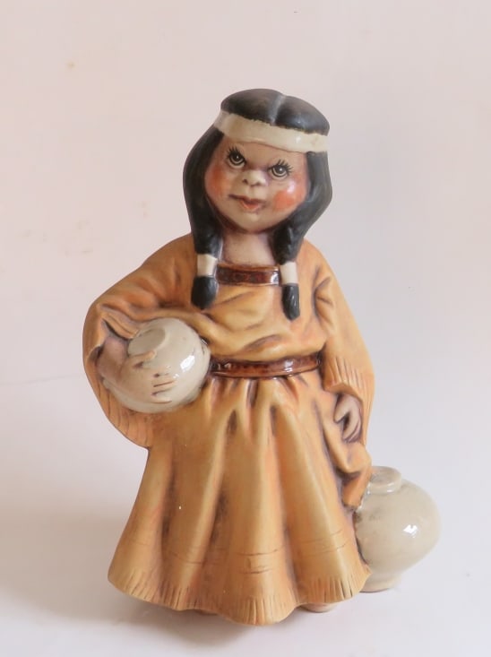 Vintage Native American Ceramic Girl Figurine, Sculpture, Signed: Vintage hand-painted, partially glazed Native American ceramic- bisque girl figurine, sculpture, signed at bottom "Barb R"; probably Byron Molds, c. 1970s. The girl is 5.1/4" x 3.1/2" [13.3cm x 8.9cm]
