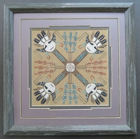 Vintage Navajo Native American Sand Painting, Whirling Log, Artist signed