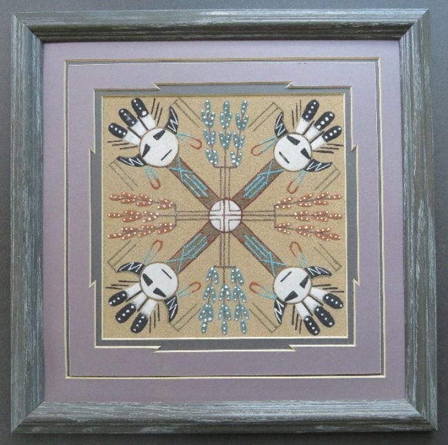 Vintage Navajo Native American Sand Painting, Whirling Log, Artist signed: Genuine vintage Native American art, "Whirling Log", authentic sand painting in a wooden frame, signed by Navajo artist Curtis, COA is included. Original sandpainting in original picture mat and woode