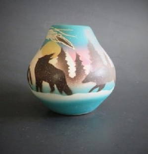 Spirit Wolves, Native American Vase, Hand-Painted Hozoni Pottery, 1980s: "Spirit Wolves" vintage small vase, created and hand-painted by Native American artist, the original Hozoni label on the bottom is present, 1980s. The small vase is c.3.1/8" [7.9cm] tall, c.3"