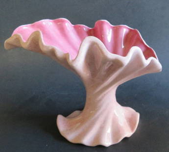 Vintage Hawkins Biomorphic Abstract Modernist Porcelain Vase, Signed: Vintage unique biomorphic abstract modernist porcelain vase; signed under glaze on the bottom HAWKINS and 'PTPBG' [?]. Speckled with darker pink spots and crackled bright-pink glaze outside; darker cr
