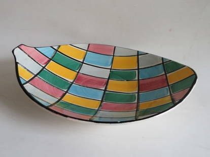 SMF Schramberg Bowl, Hand Painted Art Pottery, Peru Design, Eva Zeisel, 1950s: Vintage Mid Century Modern German Schramberg multicolor ceramic bowl with a decoration of colored rectangles in a black grid; multicolored green, red, yellow, sky blue and purplish blue; design by Eva