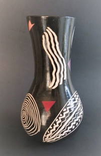 Vintage 1940s Abstract Vase, Mid Century Modern Ceramic, Signed: Original 1940s Mid-Century Modern vase, abstract decorations, aquamarine glaze inside, black glaze with incised white decorations, additional green, maroon and dark-pink geometric figures; artist sign