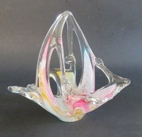 Sommerso Hand Blown Art Glass Basket, Murano Art Nouveau Bowl
