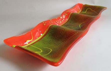 Large Hand Blown Fused Glass Platter, Mid Century Modern, Artist Signed