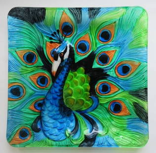 Large Hand Painted Peacock Art Glass Platter, Art Nouveau Style Plate: Large hand painted art glass centerpiece; colorful Peacock with deep blues, greens and copper; embossed reverse painted serving platter, with a square shape, Art Nouveau style. The plate has a painted