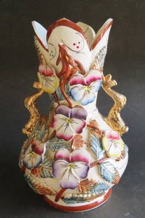 Antique Hand Painted Porcelain Vase, Flowers, Arts & Crafts, England 1890s: Antique hand painted porcelain vase decorated with sculptured 3-D flowers and leaves, Pansies marked "England", Arts & Crafts, early 1890s. The vase is c.9" [23cm] tall; c.7" [17.5cm] at the widest; c