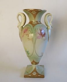 Vintage Art Nouveau German RS Prussia Porcelain Vase, Swan Handles