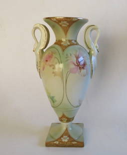 Vintage Art Nouveau German RS Prussia Porcelain Vase, Swan Handles: Vintage Art Nouveau RS Prussia porcelain vase; transfer floral design with gold trim and ornate swan handles, marked "RS" on the base with the classic wreath and star design. Beautiful color fade from