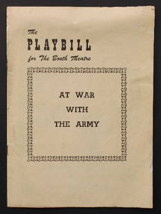 Broadway Theater Playbill, At War with the Army 1949, illustrated: Original Broadway Theater Playbill for the Booth Theatre. "At War with the Army", a comedy written by James B. Allardice, staged by Ezra Stone, Booth Theatre, 222 W. 45TH ST. The playbill for the week