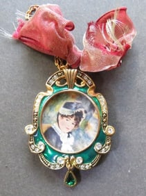 Miniature Frame or Pendant, Green Enamel, White & Green Rhinestone, Lenox, 1990s
