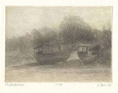 Harry Horn, Fisher Boats, Mecklenburg, German Etching Limited Edition 1991 Signed: "Fischerkaehne / Fisher boats", by Harry Horn; vintage multi-colored engraving on heavy stock paper; pencil signed and dated, 1991, limited & numbered edition # 1/40; listed German artist. Design [the