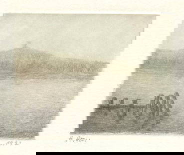 Harry Horn, Mecklenburg Lakeland, German Etching 1992 Signed: "Mecklenburg lake" German landscape, by Harry Horn; vintage multi-colored etching on heavy stock paper; signed and dated 1992; listed German artist. This etching is on the folded double card [entire s
