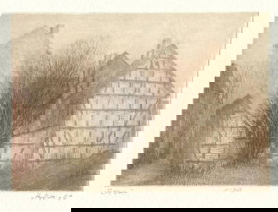 Harry Horn, Bernau by Berlin, German Etching Limited Edition 1990 Signed: "Bernau" [bei Berlin, Gemany], by Harry Horn; vintage multi-colored etching on heavy stock paper; pencil signed and dated, 1990, limited edition # 1/40; listed German artist. Design [the copper plate