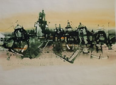 Slava Saveliev, Paris Conceptual Cityscape, Watercolor Painting, Signed 1987