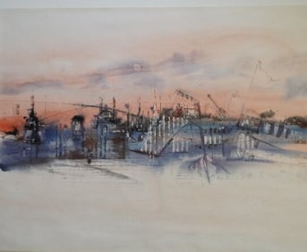 Slava Saveliev, Paris Sunset, Abstract Watercolor Painting, Signed 1987