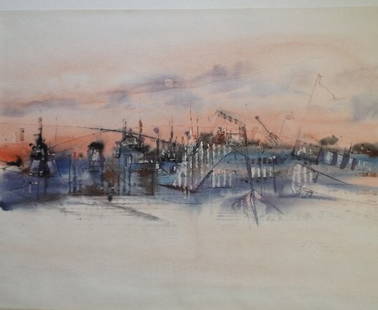 Slava Saveliev, Paris Sunset, Abstract Watercolor Painting, Signed 1987: "Paris Sunset", Conceptual City, by Slava Saveliev [1944, Moscow, Russia - since 1982, Paris, France]; large format aquarelle on paper; signed and dated in the lower right corner "Saveliev 87; created
