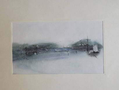 Slava Saveliev, Conceptual Landscape, Abstract Watercolor Painting, 1987: "Conceptual Landscape", by Slava Saveliev [1944, Moscow, Russia - since 1982, Paris, France]; aquarelle on paper; unsigned and undated; created in Paris in 1987 by listed artist. The artwork is c.8" x
