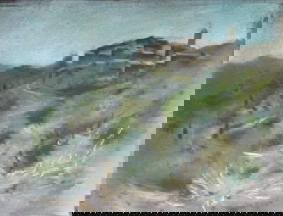 Sergey Bordachev, French Village in Provence, 1984, Pastel Painting on Paper: "Village in Provence", by Sergey Bordachev, 1984, large format pastel painting on colored paper, archival varnish, unsigned and undated. The painting is c.19.1/2" x 25.1/5" [c. 49.8cm x 65cm];