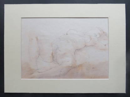 Vladimir Titov, Nude, Mixed Media Drawing on Paper, Signed, 1980s: "Nude", 1980s by Vladimir Titov (Russian/French, b. 1950), mixed media drawing on paper, watercolor, sepia & pencil in mat, signed in lower right corner; early-mid 1980s. The drawing is c.10.3/4" x