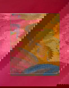 Victor Moreau, Mid-Summer, Acrylic Painting on structured Paper, 1990s: "Mid-Summer" 1990s by Victor Moreau, surreal acrylic painting on structured paper in mat, unsigned. The painting is c.9.1/2" x 7.1/2" [c.24.2cm x 19cm]; matted 14" x 11" [35.5cm x 27.9cm]; unframed,
