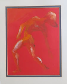 Dancing III, Original Vintage Drawing, Acrylics on Red Structured Paper, 1980s
