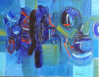 Takase Yasue, Abstract Composition, 1962 Oil Painting on Canvas, Signed: "Abstract Composition", by Takase Yasue, oil on stretched canvas, varnish, signed "Yasue", additional full name in Japanese and date "1962." on the back. The stretchers have a Japanese maker stamp. On
