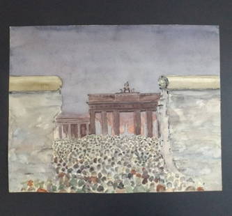 Friedrich Jordan, Berlin Wall Down, 1993 Germany, Watercolor on Paper, Signed: "Berlin Wall Down" by Friedrich Jordan [born 1914], watercolor painting on structured paper, signed at the lower corner, the German inscription on the back is signed and dated 1993. Certification of
