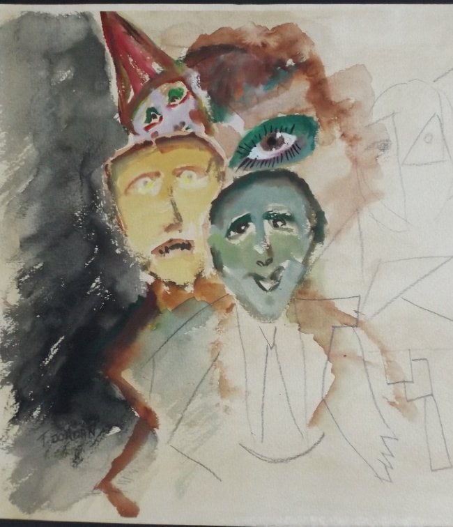 Friedrich Jordan, Self-portrait, German Bauhaus, Watercolor on Paper, 1950s: "Self-portrait, German Bauhaus" by Friedrich Jordan [born 1914], watercolor painting on structured paper, signed, 1950s. The painting is 12.1/2" x 13.3/4" [31.8cm x 35cm]; very good condition. Friedri