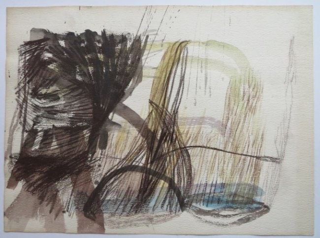 Irakli Parjiani, Metamorphosis of Boots, 1989 Mixed Media on Paper: "Metamorphosis of Boots", by Irakli Parjiani, mixed media on structured paper, 1989, unsigned, unframed. The Certification of Authenticity is included. The provenance of ownership, goes back to the ar