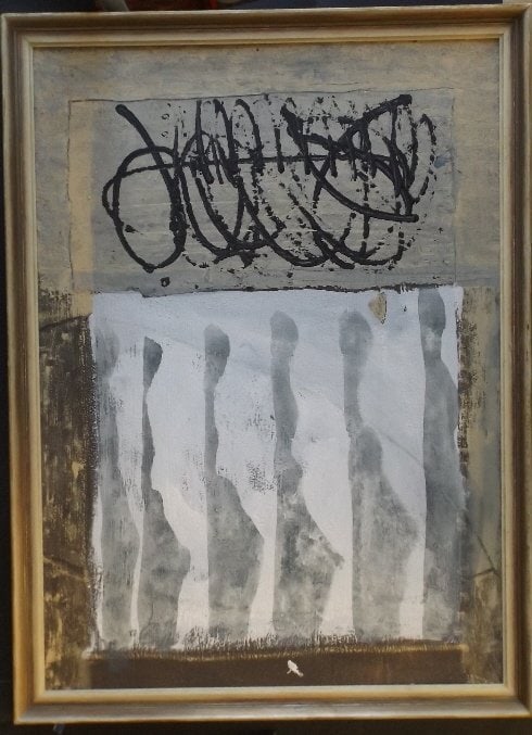 Irakli Parjiani, Shadow of Time, 1989, Acrylic Painting on Board, Framed: "Shadow of Time", by Irakli Parjiani, 1989, abstract painting, unsigned, mixed media, acrylic on cardboard; framed. The Certification of Authenticity is included. The provenance of ownership, goes bac