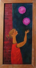 Girl With Two Balloons, Modern Oil Painting on Board, 1950s, Framed