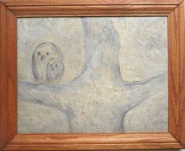 Two Birds in Tree, Modern Oil Painting on Canvas, 1980s, Framed: "Two Birds in Tree", modern oil painting on stretched canvas, unsigned, 1980s, in wooden frame. The painting is c.13.1/2" x 10.1/2" [c.34.3cm x 26.7cm]; framed 16.1/2" x 13.1/2" [41.9cm x 34.3cm]. Ver