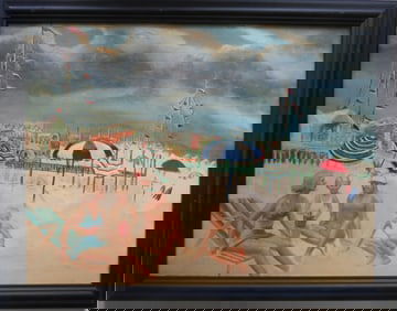 On the Beach, Mid Century Oil Painting on Bekelite Board, 1950s, Framed