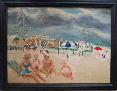 On the Beach, Mid Century Oil Painting on Bekelite Board, 1950s, Framed: "On the Beach", Mid Century oil painting on Bakelite board, unsigned, in wooden frame, 1950s. The painting is c. 23.1/2" x 17.3/4" [c.59.6cm x 45.1cm]; framed 27.1/4" x 21.1/2" [c.65.2cm x 54.6cm]; a