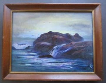 Rock in Ocean, Oil Painting on Canvas, Signed 1960s, Wood Frame