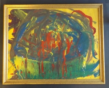Abstract Composition, Vintage Acrylic Painting on Board, 1980s, Framed