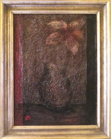 Window, Flower in Vase Sill Life, Oil Painting on Canvas, Signed, 1980s, Framed
